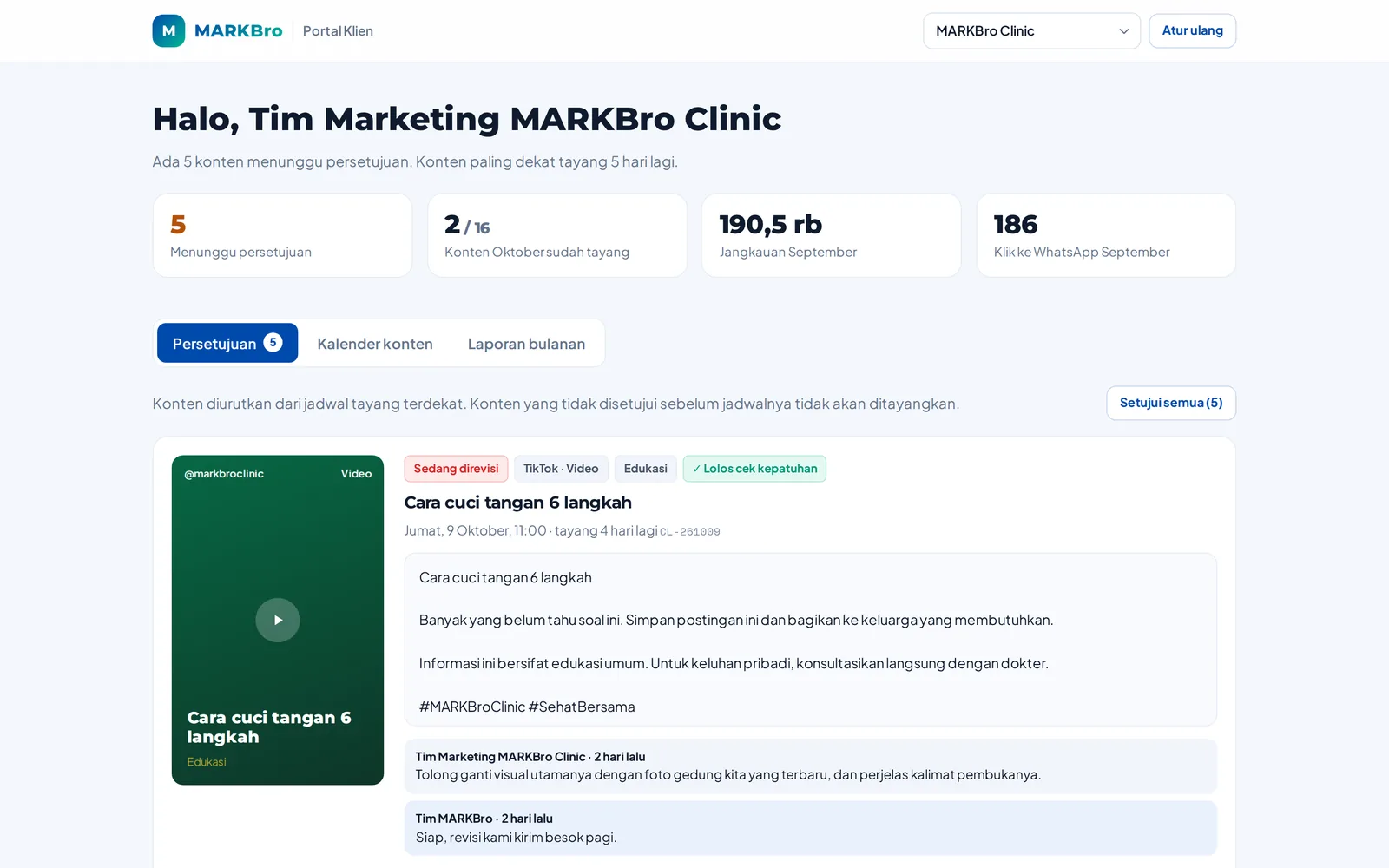 Portal klien MARKBro: persetujuan konten dan laporan bulanan